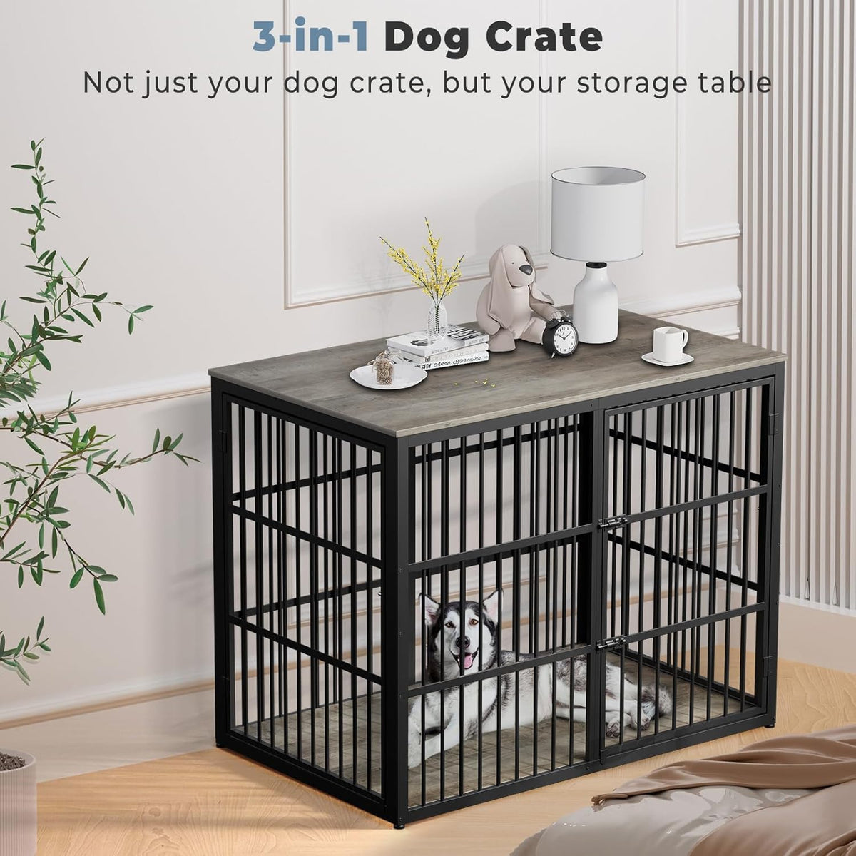 48'' XXL Dog Crate Furniture with 3 Doors, Wooden Crate End Table Heavy Duty Indoor Combination