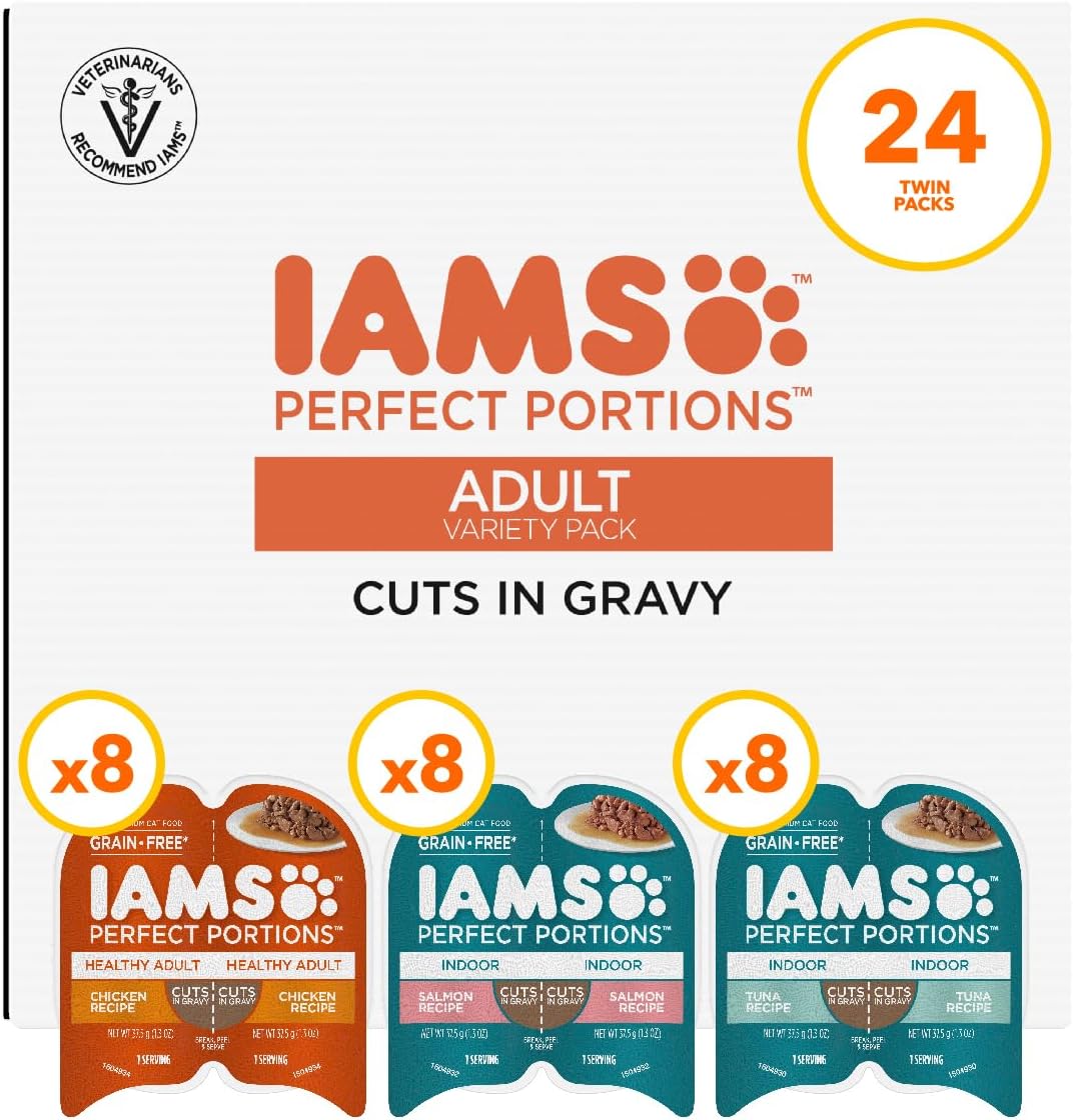 IAMS Perfect Portions Adult Wet Cat Food Cuts in Gravy, Chicken, Tuna, and Salmon Recipe Variety