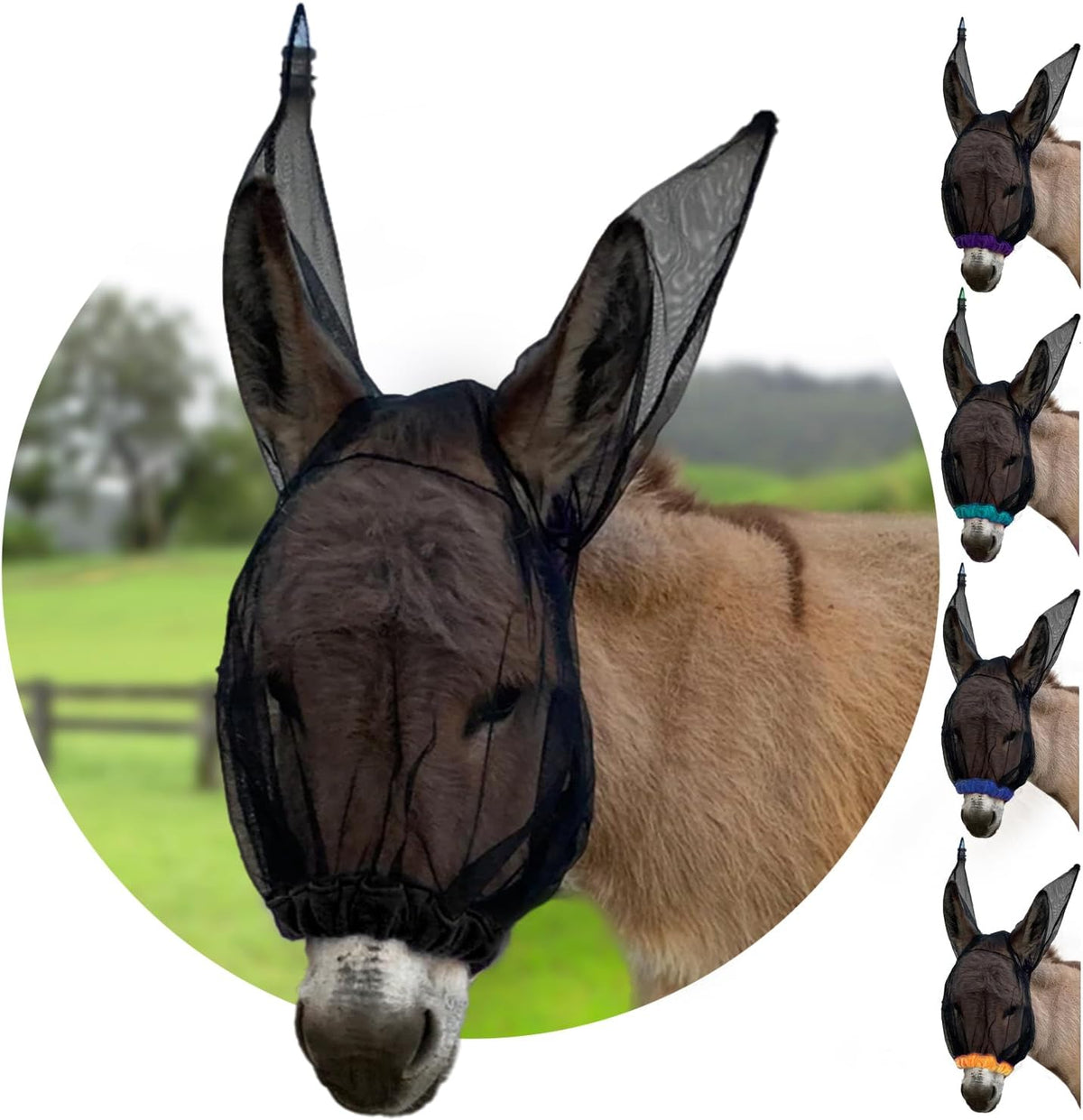 Donkey Fly Mask with Long Ears (Black) Made in USA - Mule Fly Mask with Ears Protection from