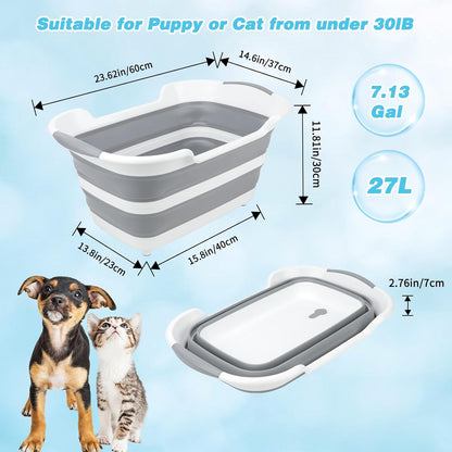 FHTONGE 7.13 Gal/27L Raised Collapsible Dog Bathtub with Drain Hair Catcher, Multifunctional Pet