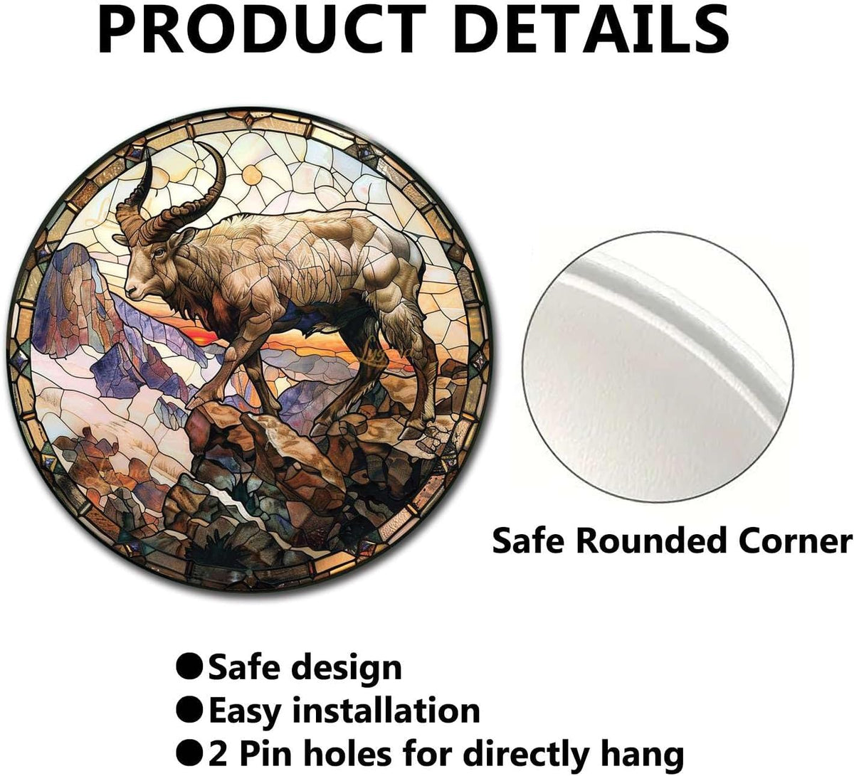 Lygond Metal Sign Tin Sign Circular Stained Glass Mountain Goat Tin Sign Gift for Garage 12×12