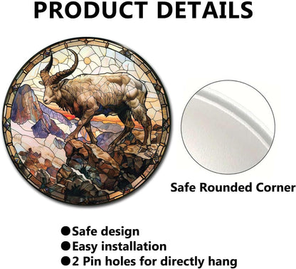 Lygond Metal Sign Tin Sign Circular Stained Glass Mountain Goat Tin Sign Gift for Garage 12×12