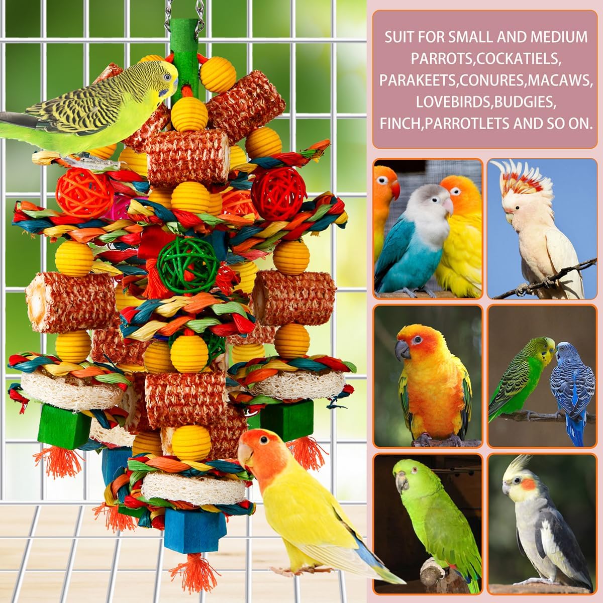 Bird Toys, Parrot Toys for Large Birds,Natural Corn cob and Loofah Slices Bird chew Toys for