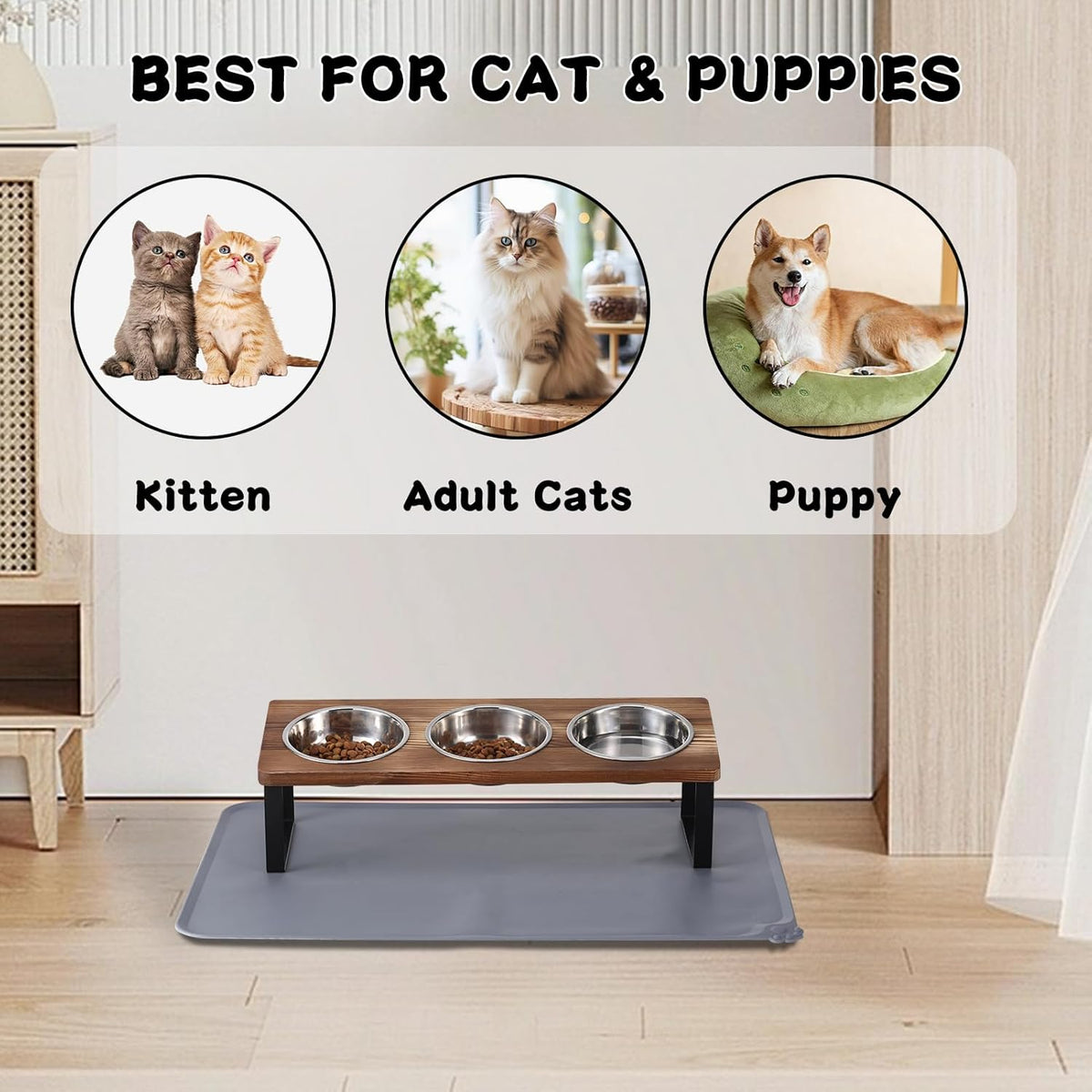 Upgraded Elevated Cat Bowls with Food Mat,15°Tilted Stand Anti Vomiting Raised Cat Dishes for Food