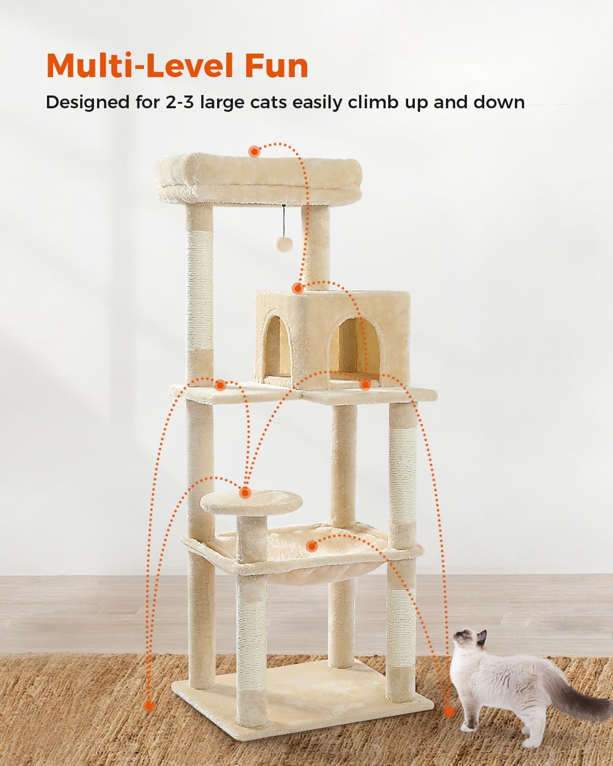 Cat Tree for Large Cats Adult with Metal Plush Big Hammock, 56.3" Cat Tower with 2 Door Condo