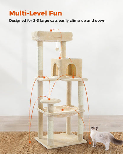 Cat Tree for Large Cats Adult with Metal Plush Big Hammock, 56.3" Cat Tower with 2 Door Condo