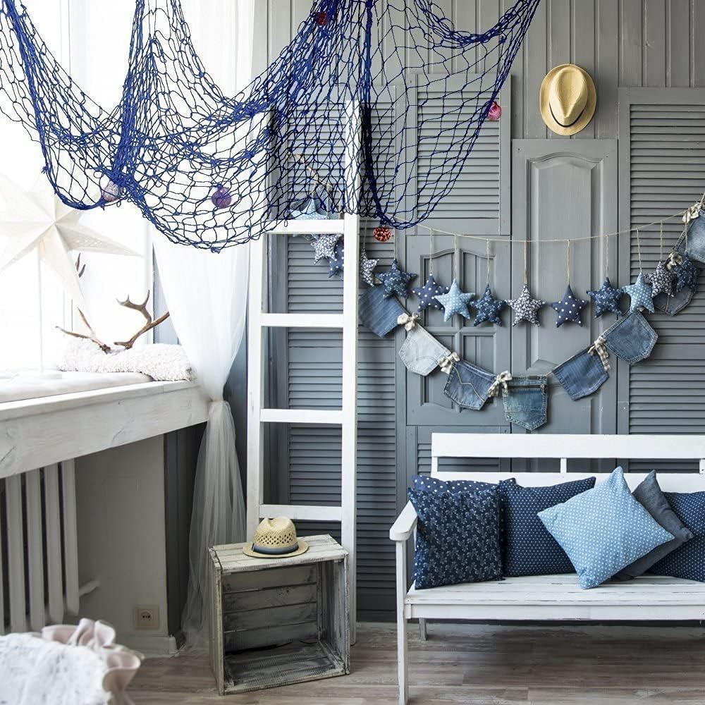 Rosoz Nature Fish Net Wall Decoration with Shells, Ocean Themed Wall Hangings Fishing Net Party