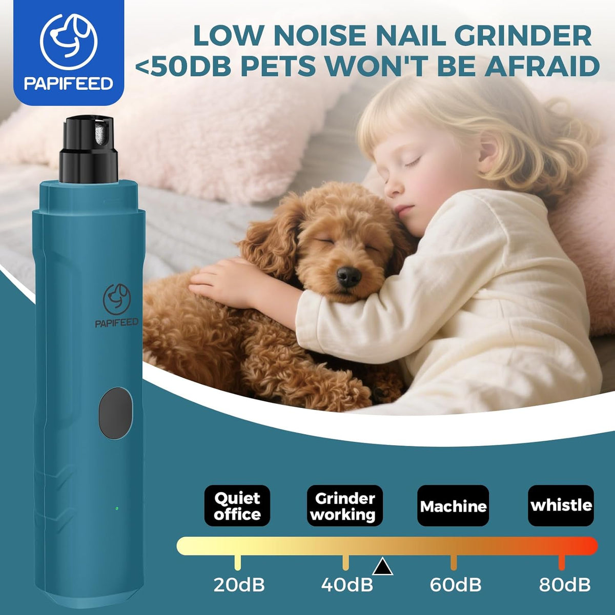 PAPIPAFFEED Dog Nail Grinder Upgraded with 2 LED Lights, 3-Speed Rechargeable & Quiet - Upgraded