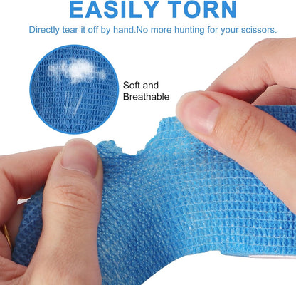 24 Pack Self Adherent Cohesive Wrap Bandages, 2” x 5 Yards Blue Athletic Tape, Medical Tape, Vet