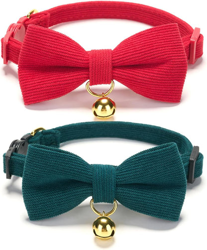 2 Pack Soft Corduroy Christmas Cat Collars with Bow Tie & Bell, Adjustable Breakaway Cotton Kitty