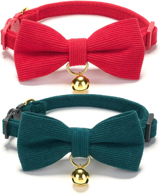 2 Pack Soft Corduroy Christmas Cat Collars with Bow Tie & Bell, Adjustable Breakaway Cotton Kitty