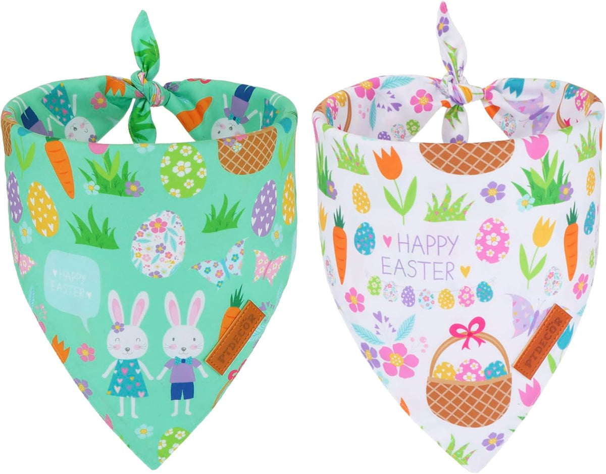 PTDECOR Easter Dog Bandana, Reversible Rabbit Easter Egg Dog Scarf, Multi Size, White Green