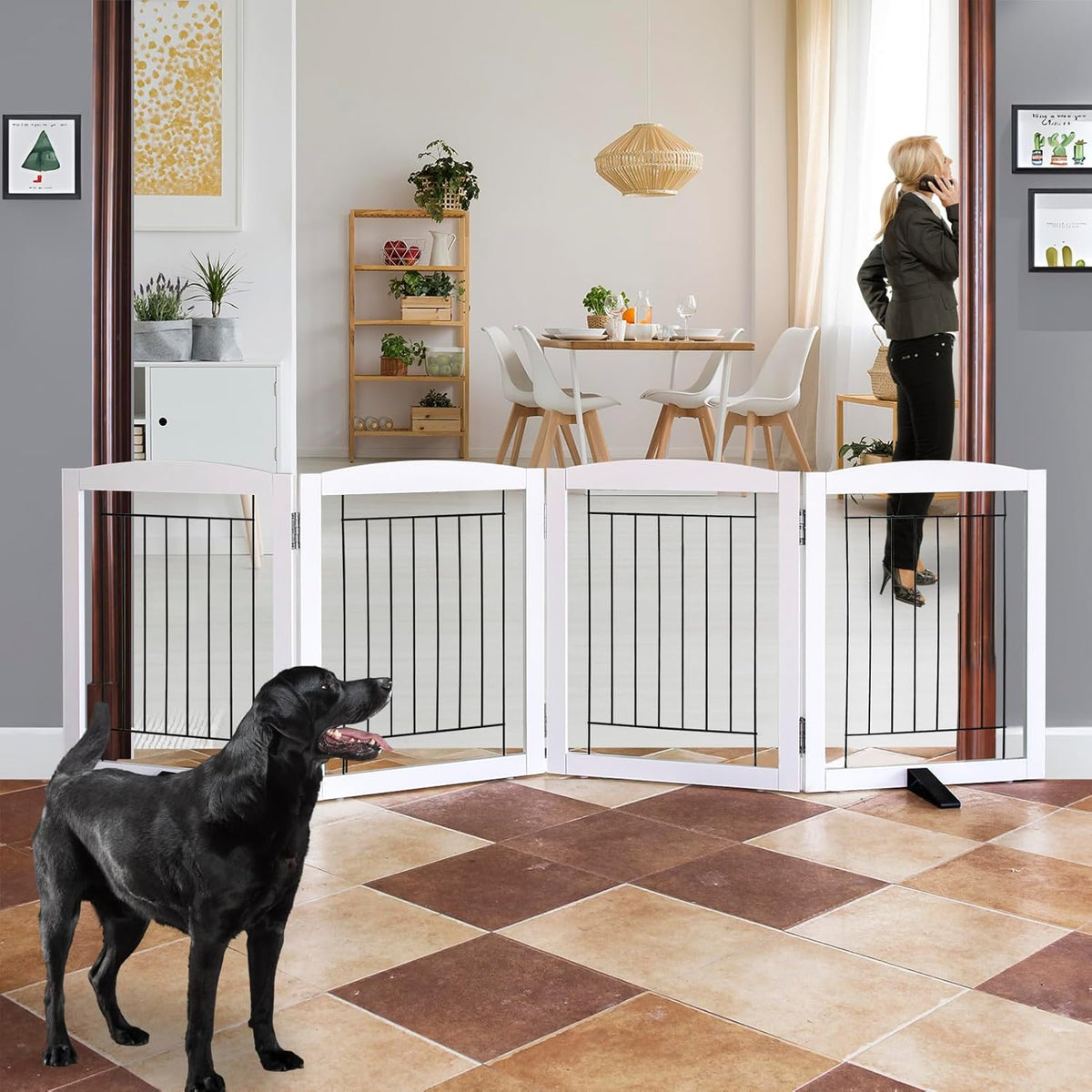 ZJSF Freestanding Dog Fence Indoor, Foldable Dog Gate for Doorways, Stairs or Hallways, Sturdy Wood
