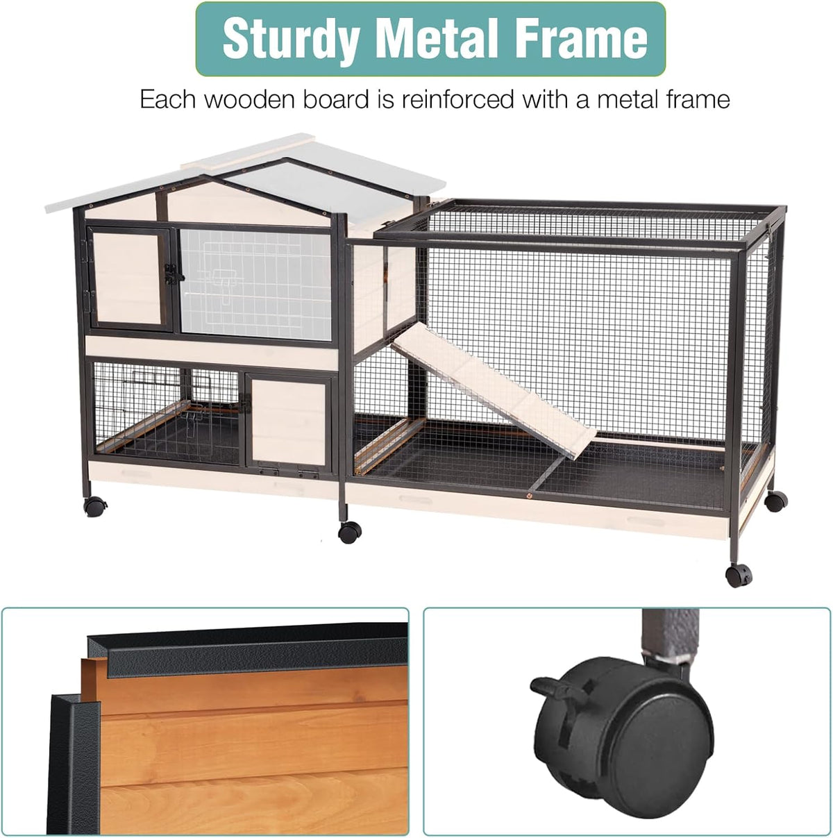 2-Story Rabbit Cage with Chew-Proof Metal Frame for Indoor/Outdoor - 62" Bunny Hutch Guinea Pig