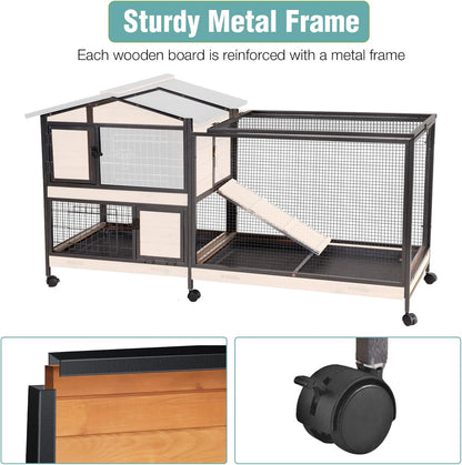 2-Story Rabbit Cage with Chew-Proof Metal Frame for Indoor/Outdoor - 62" Bunny Hutch Guinea Pig