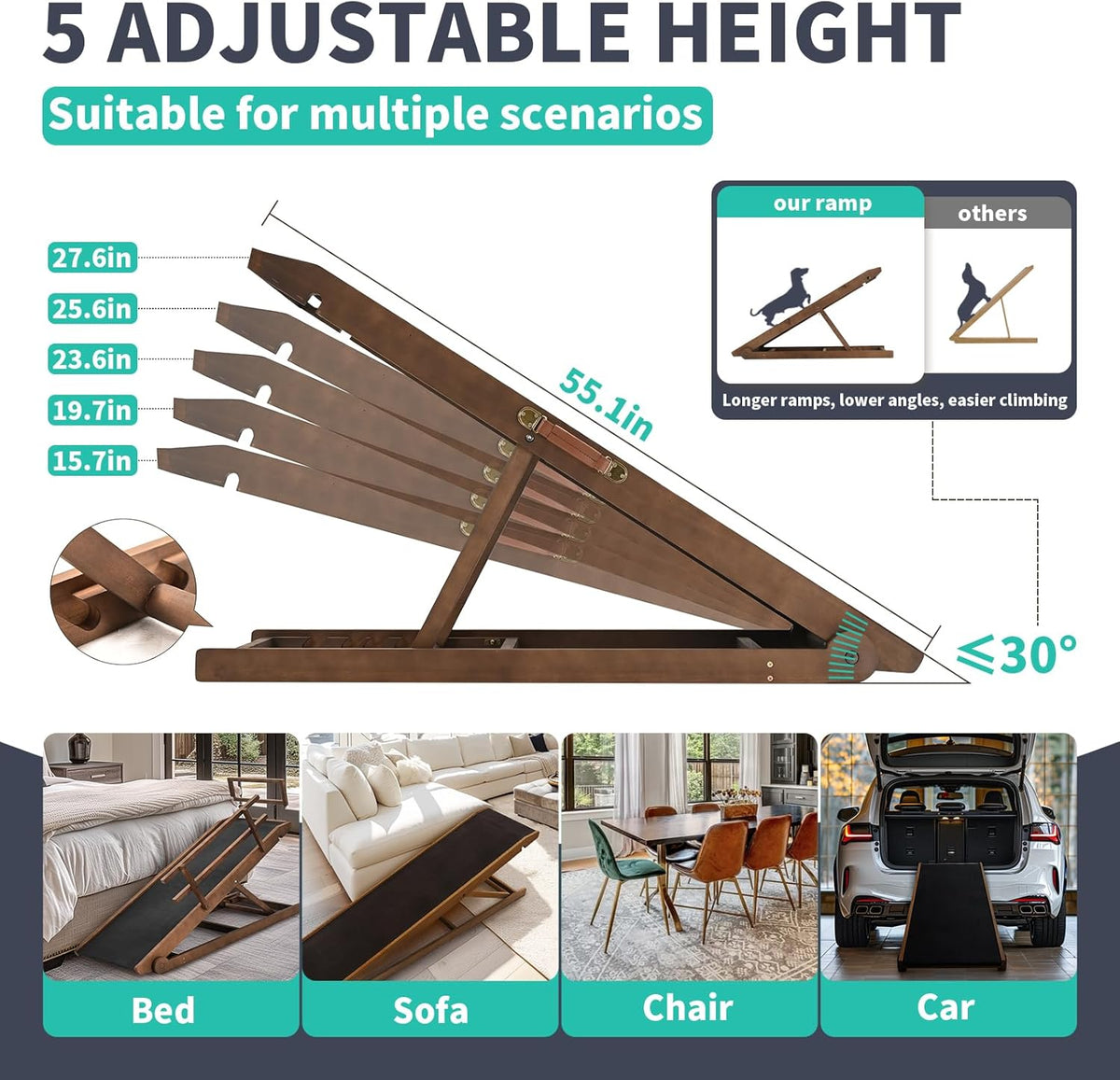 Dog Ramp, 5 Level Adjustable Height Folding Pet Ramp for High Bed, Portable Paw Ramps Large Bed