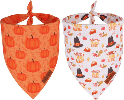 PTDECOR Thanksgiving Fall Dog Bandanas, Orange White Reversible Holiday Pet Scarf, Happy