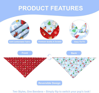 Christmas Dog Bandana for Large Dogs - Reversible Santa Snowman Print Scarf - Soft, Quick-Dry Pet