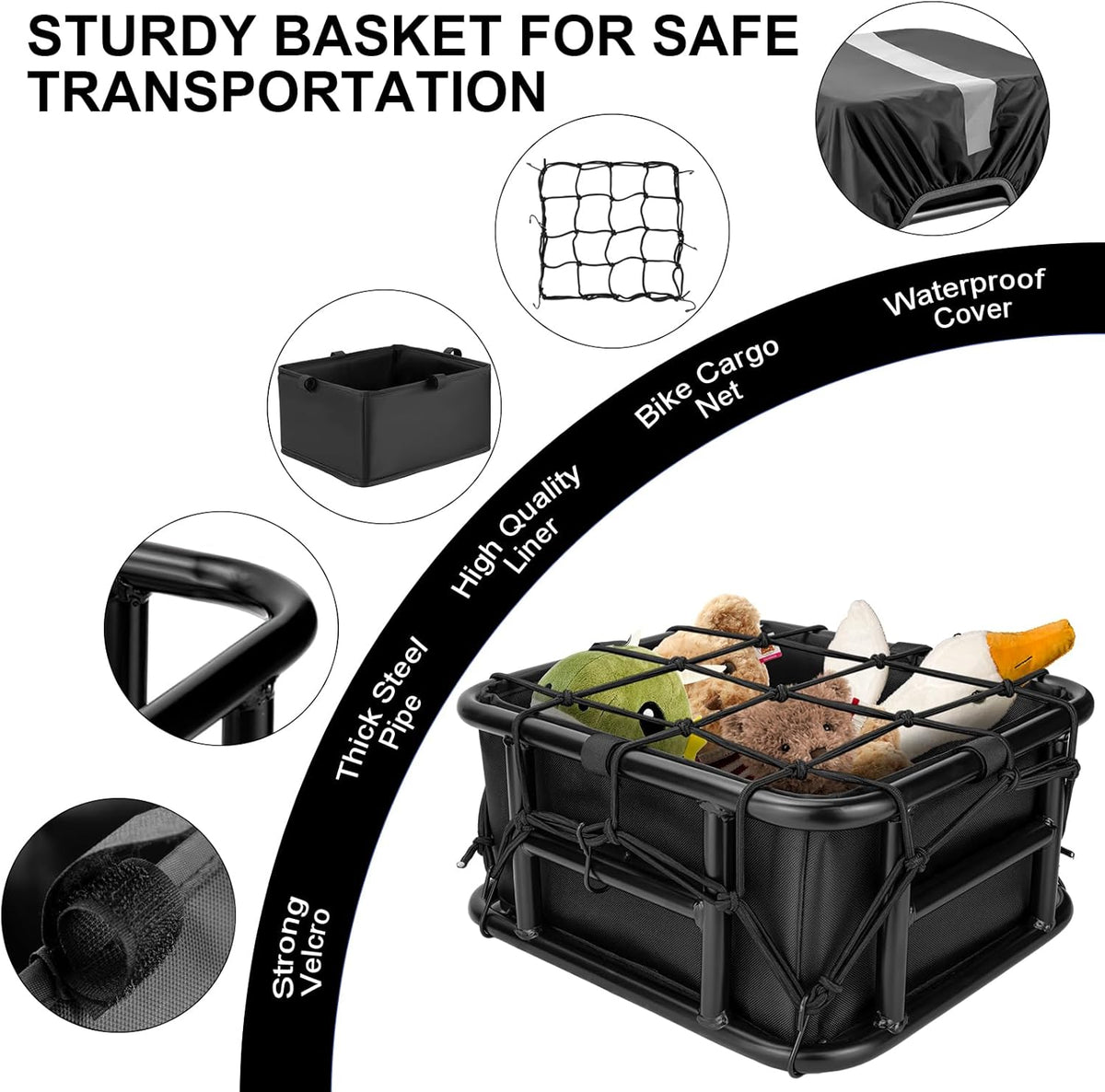 Bike Basket Rear with Liner,Waterproof Cover,Cargo Net Large Rear Bike Basket,Heavy Duty Bicycle