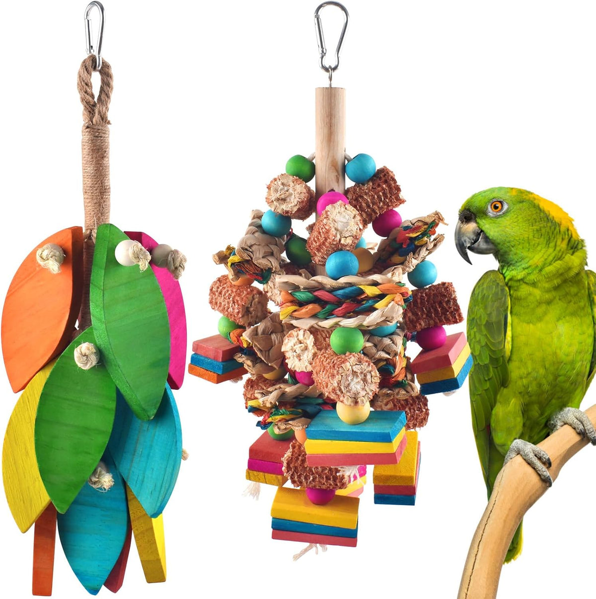 2 Pcs Large Bird Toys, Natural Corn Cob Parrot Chew Toy, Multicolored Leaf-Shaped Chewing Wood