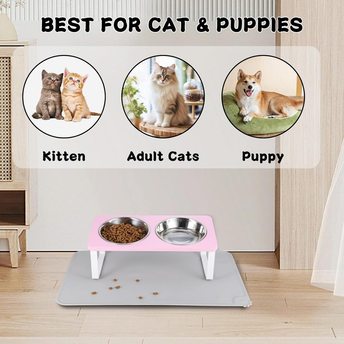 Upgraded Elevated Cat Bowls with Food Mat,15°Tilted Stand Anti Vomiting Raised Cat Dishes for Food
