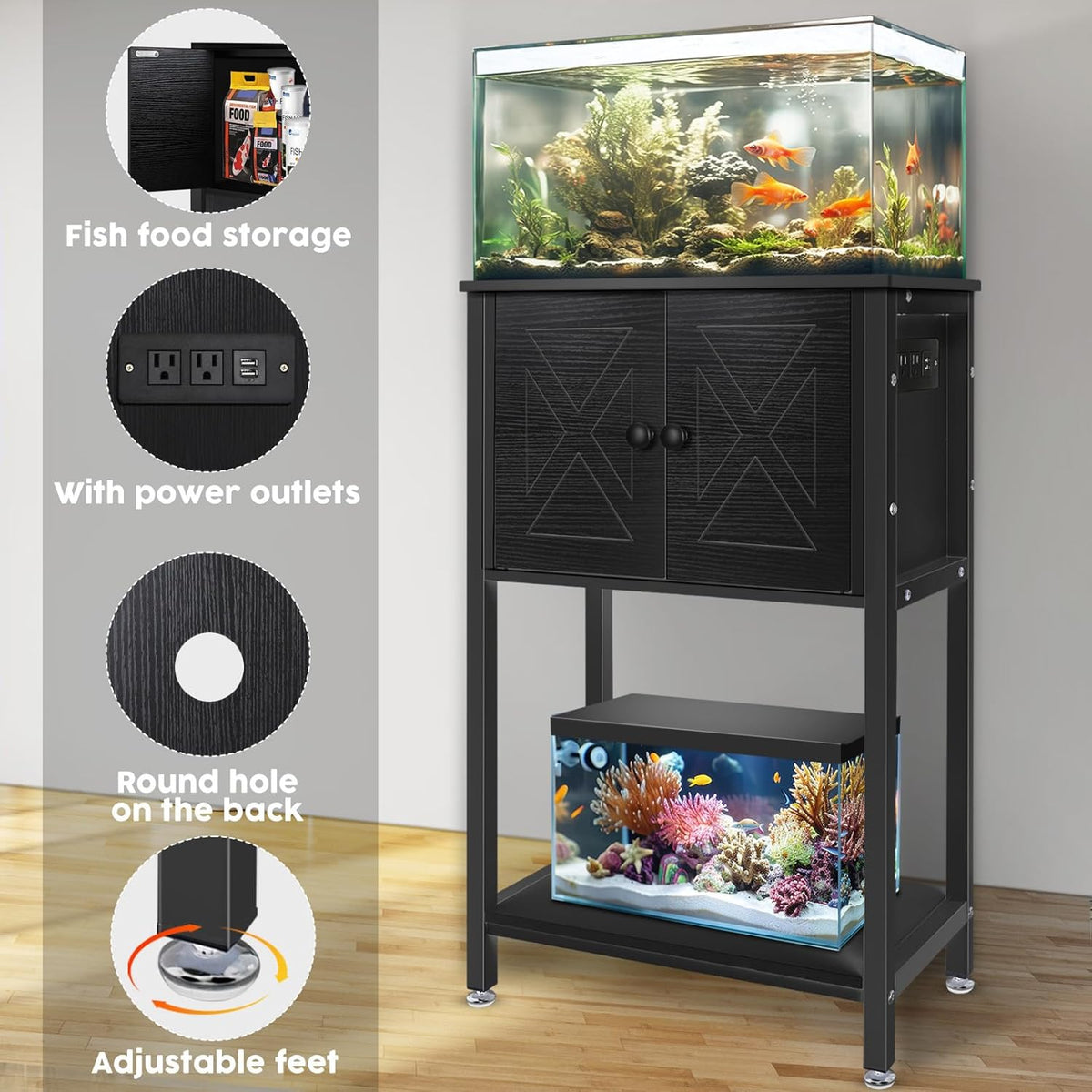 5-10 Gallon Fish Tank Stand, Heavy Duty Aquarium Stand with Cabinet & Power Outlets for Fish Tank