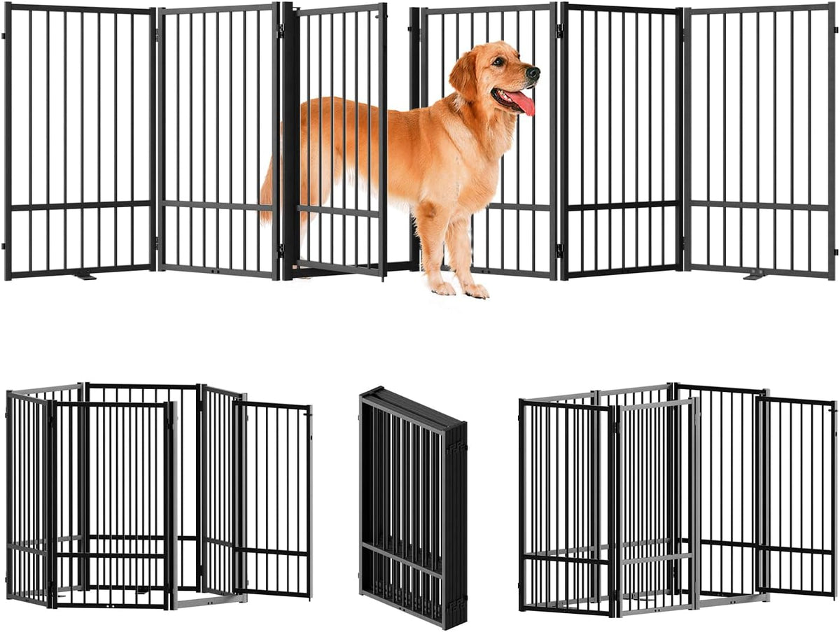 Full Metal Freestanding Dog Gate with Door, 36''Height Foldable Pet Dog Fence for Indoor & Outdoor