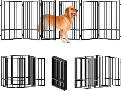 Full Metal Freestanding Dog Gate with Door, 36''Height Foldable Pet Dog Fence for Indoor & Outdoor