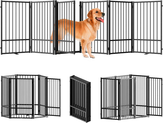 Full Metal Freestanding Dog Gate with Door, 36''Height Foldable Pet Dog Fence for Indoor & Outdoor