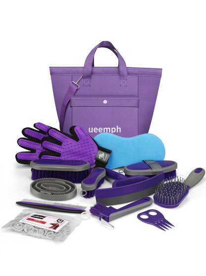 Horse Grooming Kit (12-Piece): Brushes, Storage Bag, Sweat Scraper, Mane Comb, Grooming Gloves