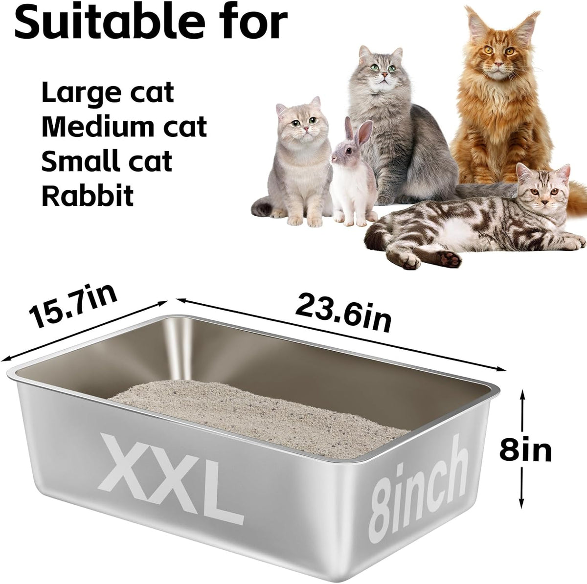 Stainless Steel Litter Box,XXL Metal Cat Litter Box for Big Cats 8IN Deep, Cat LitterBox High Sided