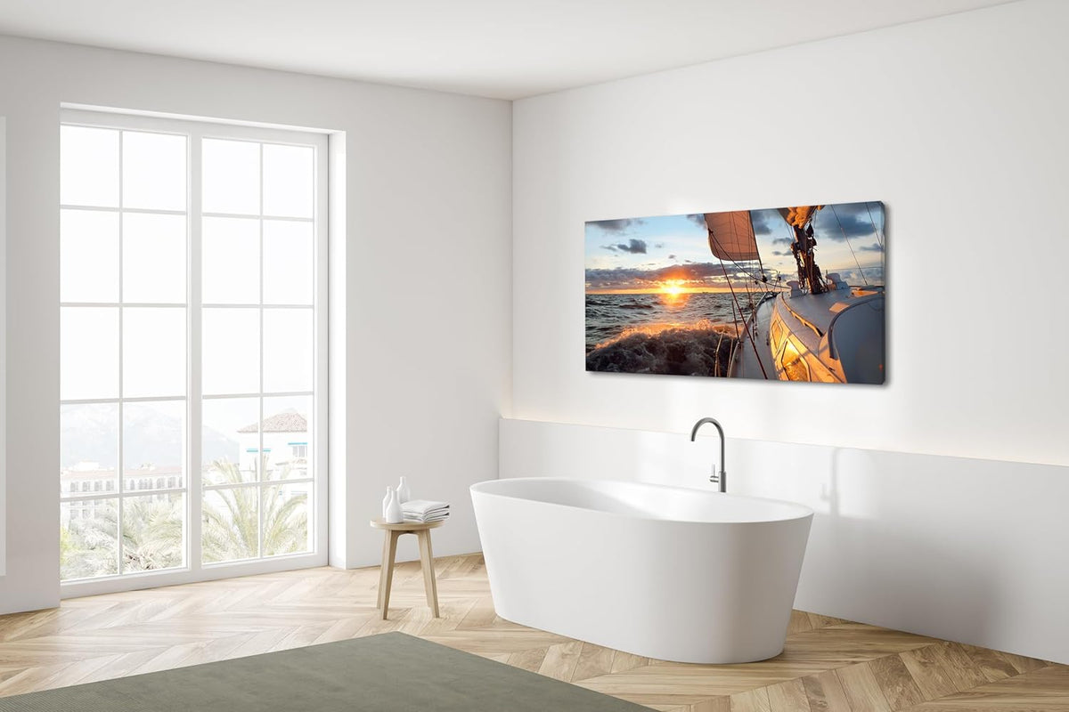 Yacht Sailing in Sea at Sunset Scenery Canvas Wall Art for Living Room Bathroom,Close-up View of