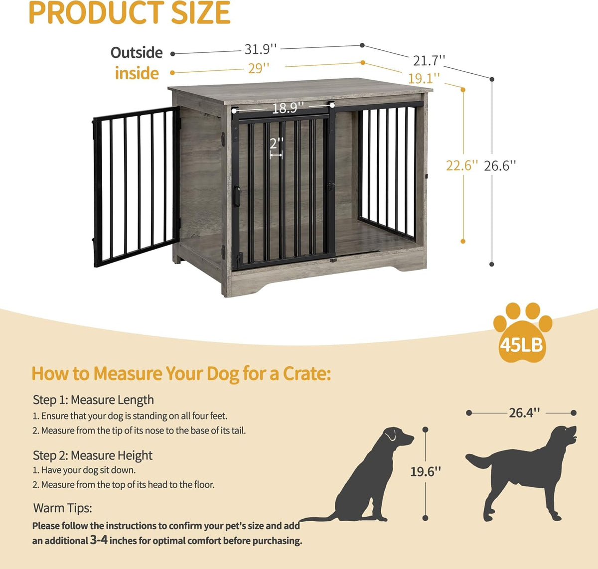 31.9" Dog Crate Furniture with Barn Door, Heavy Duty Dog Kennel Indoor with 2 Doors, Wooden Pet