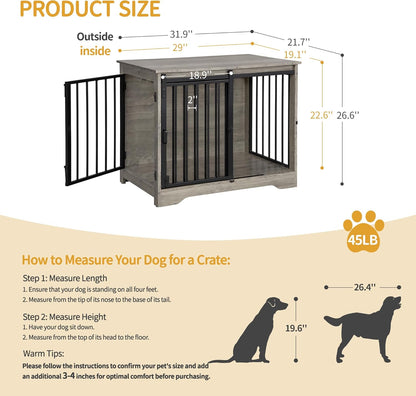 31.9" Dog Crate Furniture with Barn Door, Heavy Duty Dog Kennel Indoor with 2 Doors, Wooden Pet