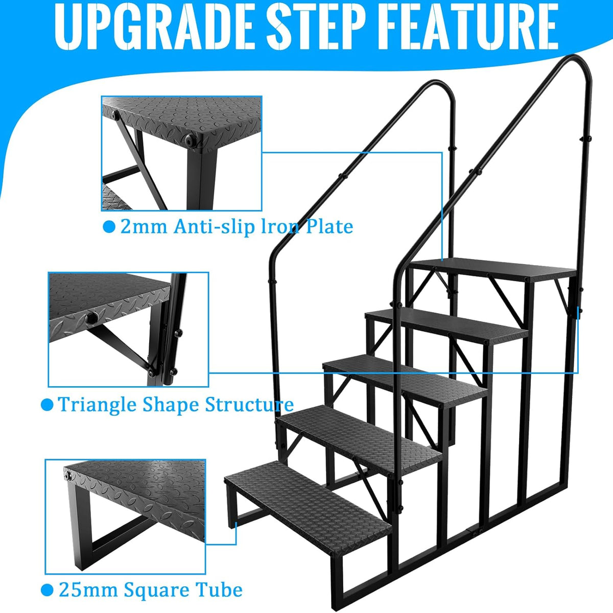 RV Stairs 5 Step Ladder, RV Steps Anti-Slip, Hot Tub Steps with Handrail, 660 lbs RV Ladder for 5th