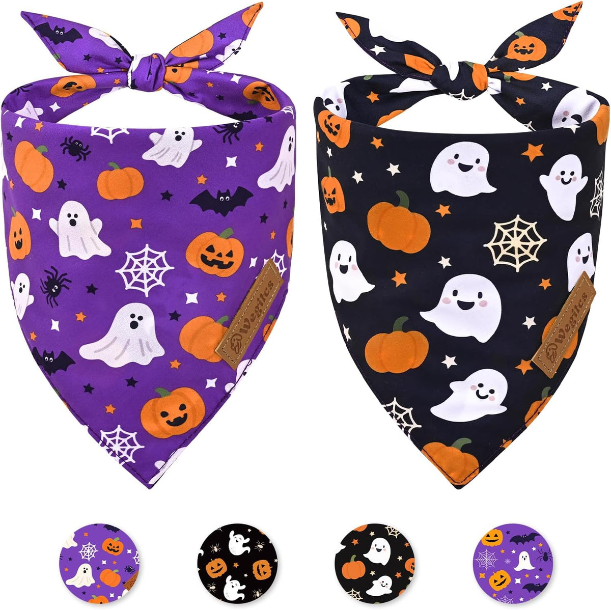 2 Pack Halloween Dog Bandanas,Leather Brand Logo, Double-Layed Soft Skin-Friendly Fabric, Autumn
