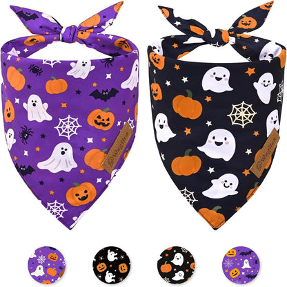 2 Pack Halloween Dog Bandanas,Leather Brand Logo, Double-Layed Soft Skin-Friendly Fabric, Autumn