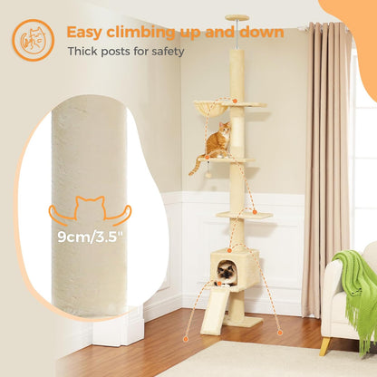 PEQULTI Floor to Ceiling Cat Tree, Tall Cat Tower, Adjustable Height (83''-108'') 5 Levels Climbing