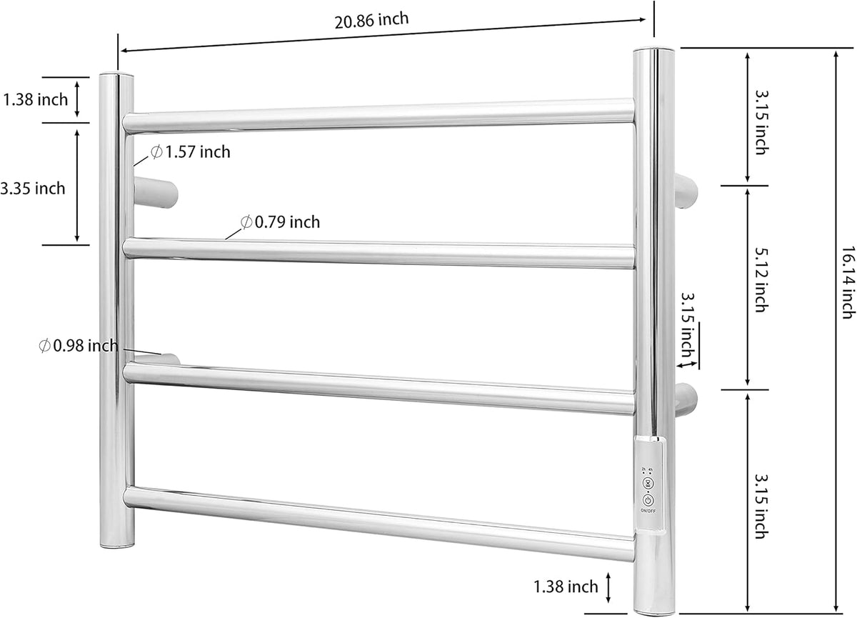 KEG Towel Warmer Wall Mounted with Built-in Timer 4 Bars Electric Stainless Steel Heated Towel