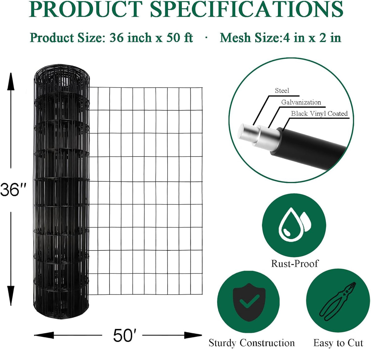 Black PVC Coated Welded Wire Fence 36 Inch x 50 Foot, 2 Inch x 4 Inch 14GA, Garden Border Fencing