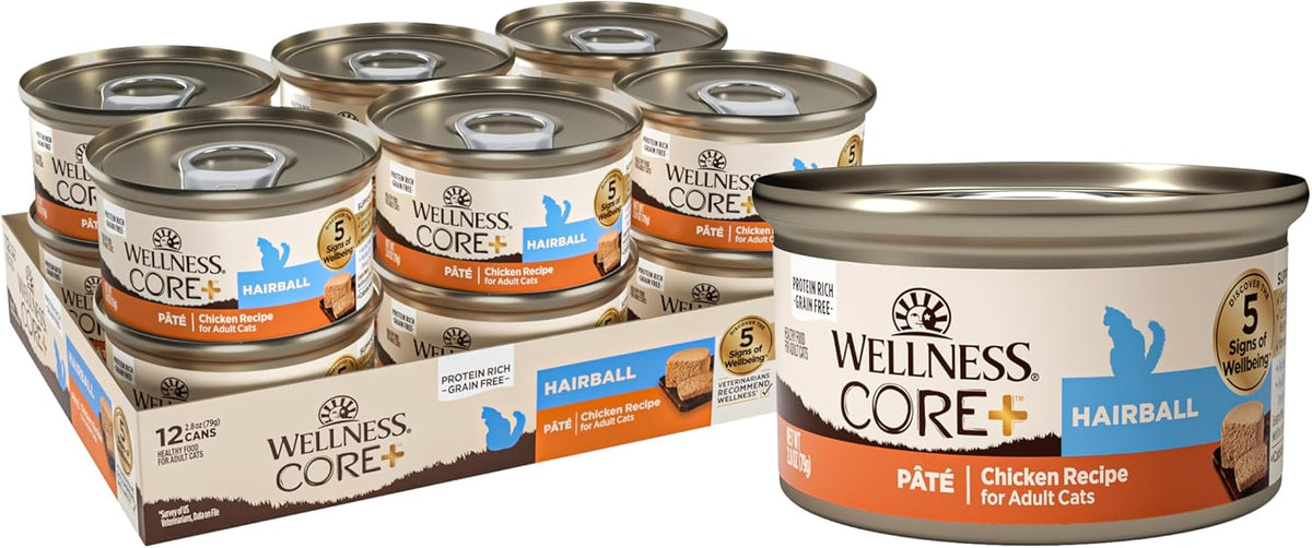 Wellness CORE+ Hairball Pate Adult Wet Cat Food, Natural, Protein-Rich, Grain Free, 2.8 Ounce, 12