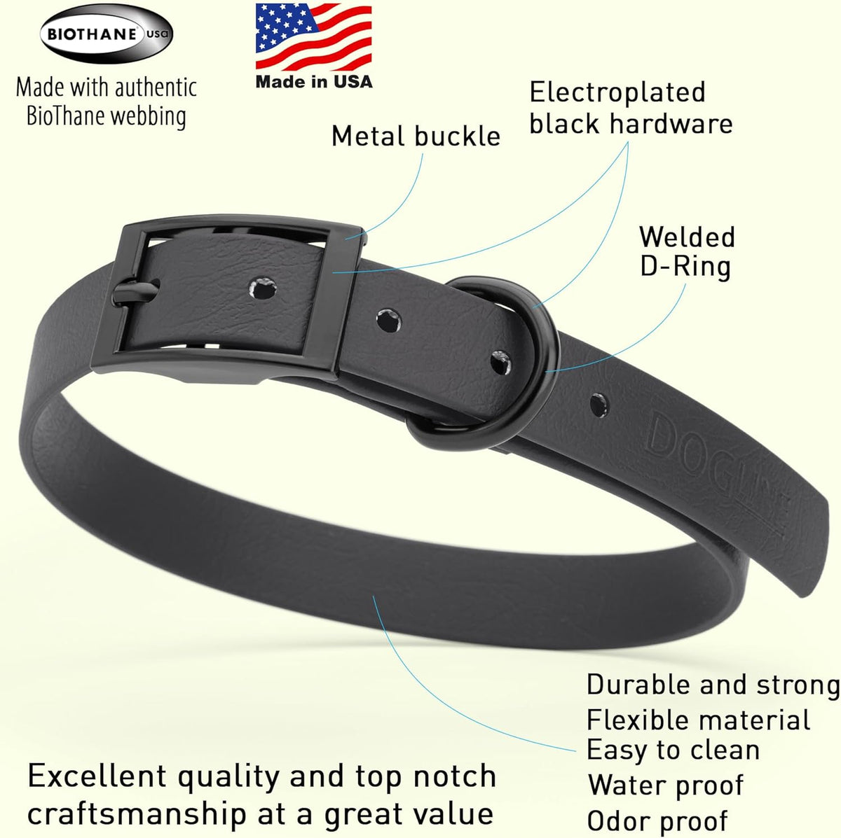 Dogline Biothane Waterproof Dog Collar Strong Coated Nylon Webbing with Black Hardware Odor- Proof