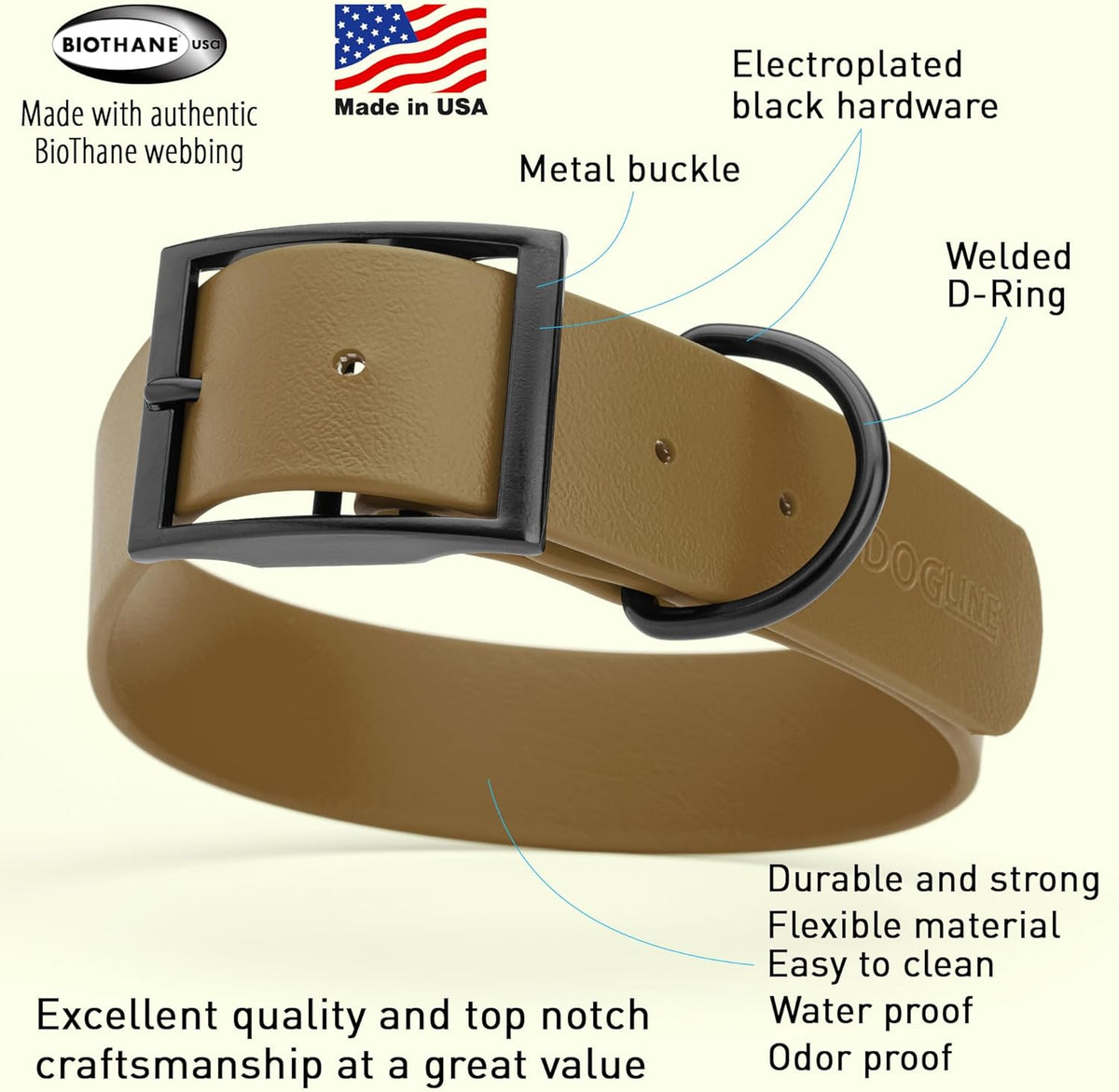 Dogline Biothane Waterproof Dog Collar Strong Coated Nylon Webbing with Black Hardware Odor- Proof