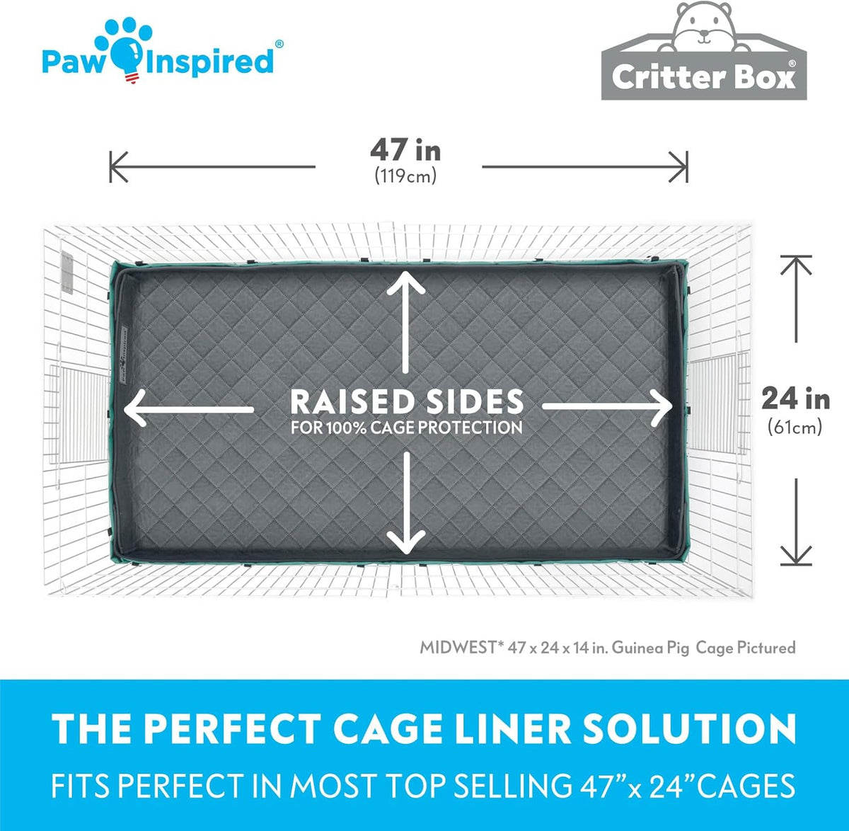 Paw Inspired Critter Box Washable Cage Liner, Reversible Fleece Bedding with Raised Sides for