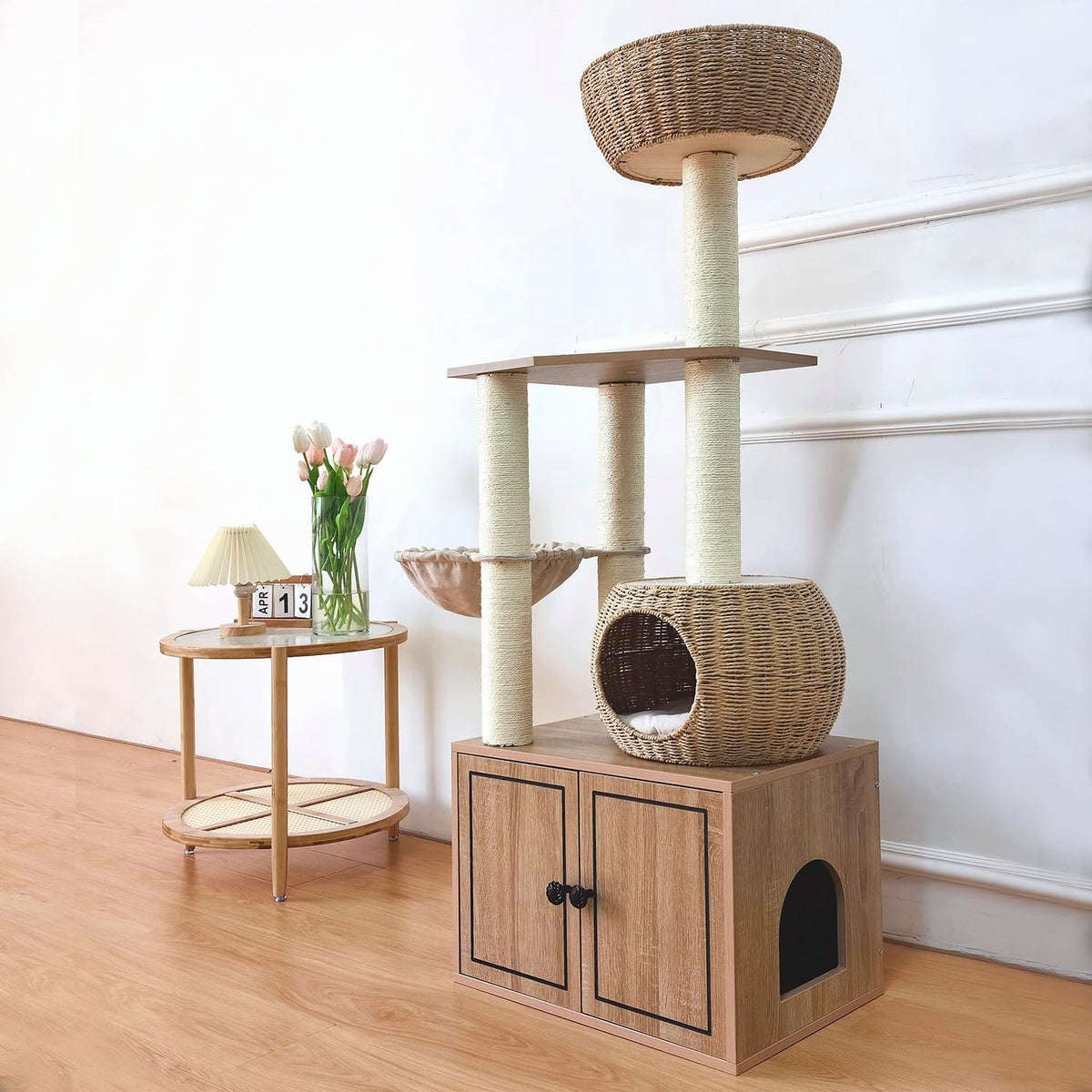 56.7" Tall Rattan Cat Tree for Indoor Cats, Multi-Level Wooden Cat Tower with Scratching Posts