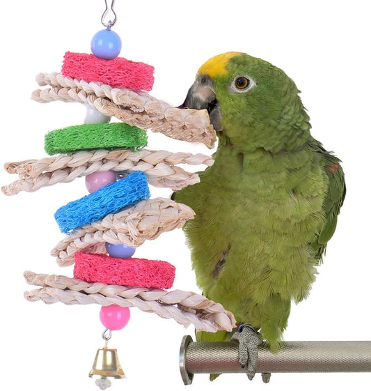 Hypeety Pet Bird Parrot Swing Chewing Toy Natural Sepa Takraw with Happy Twist Colorful Bead Swing