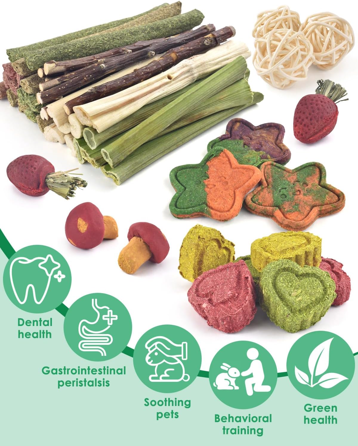 ERKOON 53 Bunny Chew Toys for Rabbits Teeth, Natural Rabbit Toys Apple Wood Sticks, Carrot, Timothy
