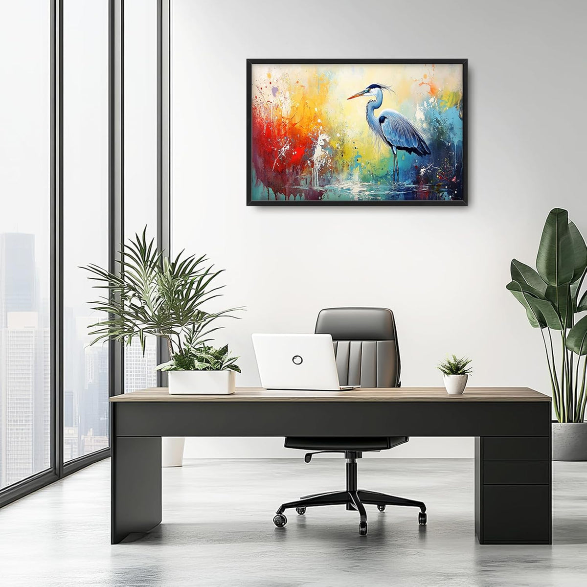 Extra Large Framed Abstract Heron Wall Art,Oversized Colorful Graffiti Heron Wall Decor Pictures