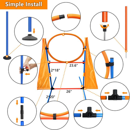 Dog Agility Training Equipment Set Outdoor Indoor Game, Tire Jump + Hurdle Jump, Tunnel, Weave