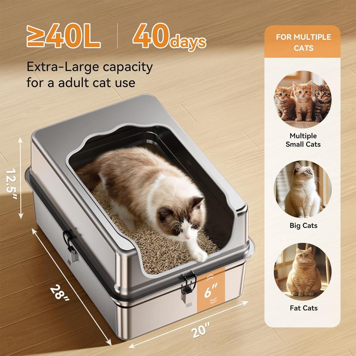 All-Metal 28" Extra Large Stainless Steel Cat Litter Boxes with Lid Metal Cat Litterbox Pan for Big